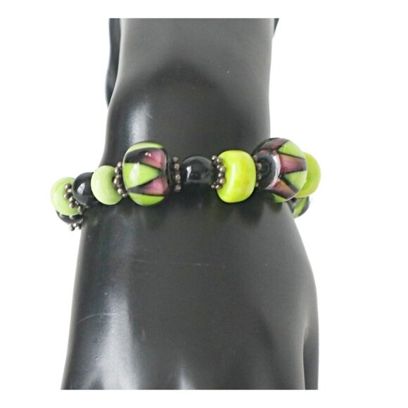 Handmade Lampwork Glass Bead Bracelet Toggle Closure Lime Green Purple - Picture 6 of 6